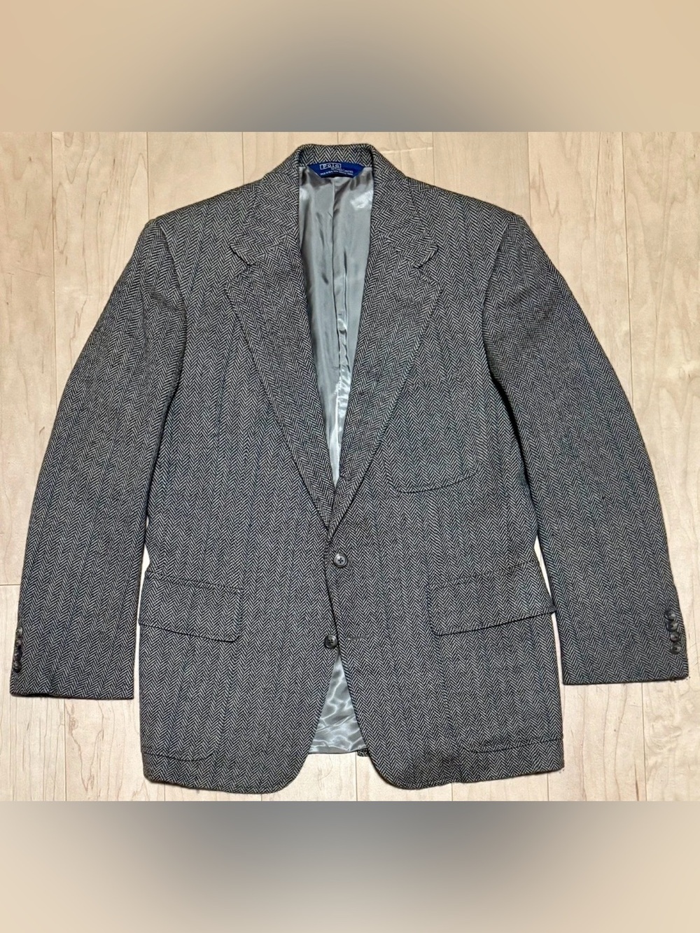 VTG Polo Ralph Lauren Tweed Blazer Patch Pocket Throat Latch Herringbone USA 42R